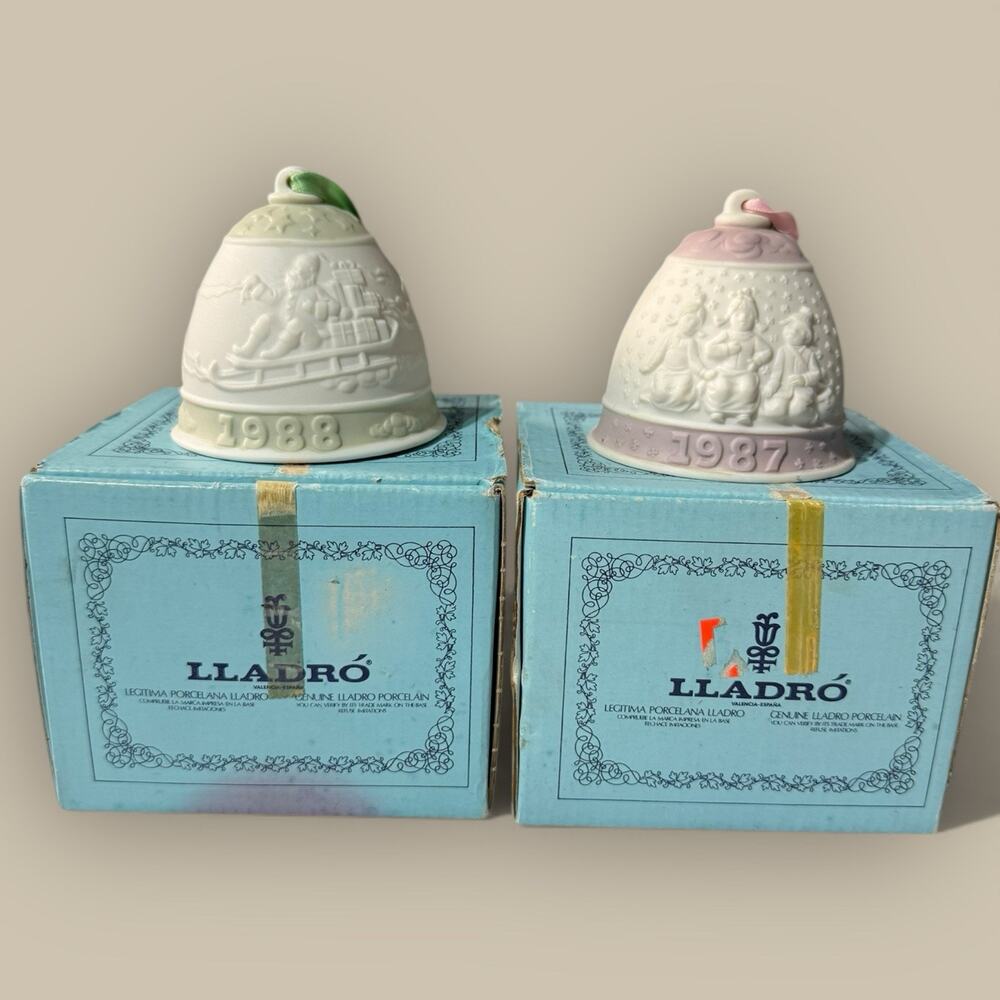 Vtg Lladro 1987 1988 Christmas Bell Ornament Lot with Box Collectible Pink Green